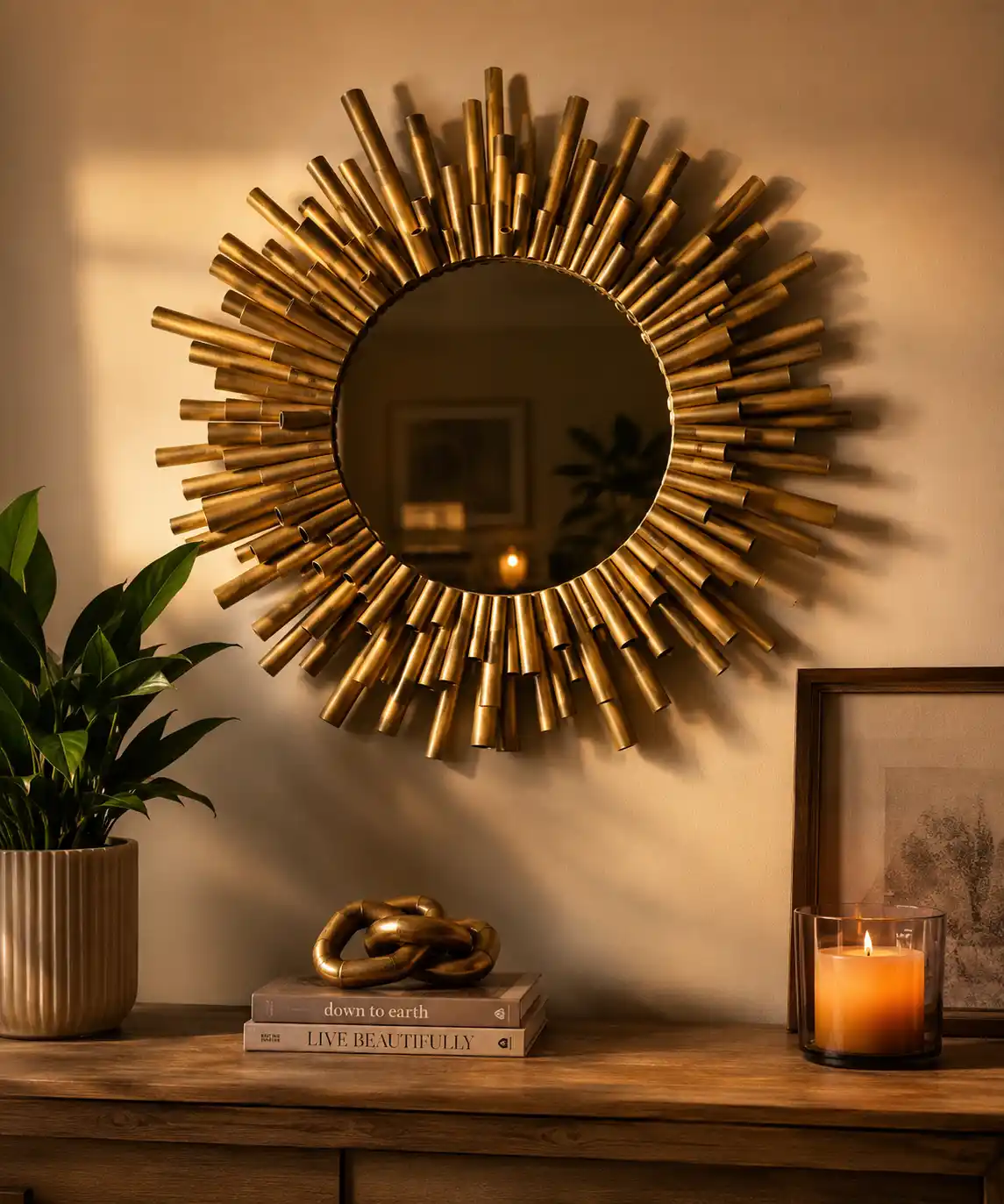 A dramatic wall photo of a finished toilet-paper-tube sunburst mirror painted matte gold, hanging above a simple console table with a small plant and a candle — warm evening light making the tubes cast interesting shadows — breathtaking and completely unbelievable that it cost nothing