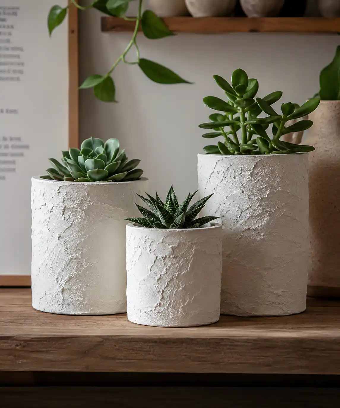 A clean, beautiful photo of three textured baking-soda-and-paint tin can planters in different sizes, arranged on a wooden shelf — matte white finish, small succulents planted inside, warm natural window light — styled to look like a boutique plant shop shelf