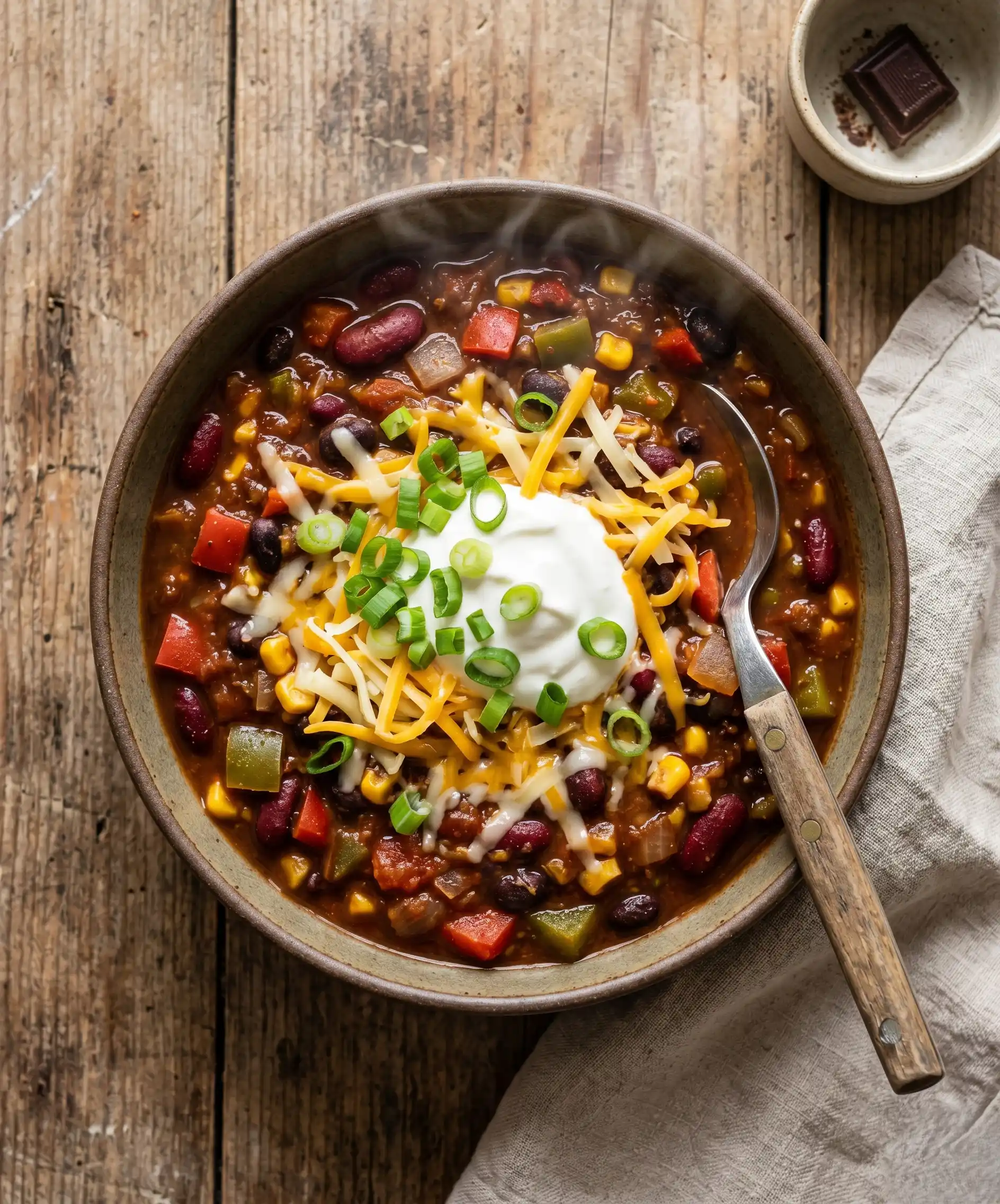 A cozy, top-down shot of a deep bowl of hearty vegetable and bean chili topped with a dollop of sour cream, shredded cheese, and sliced green onions — steam rising, rustic wooden background.