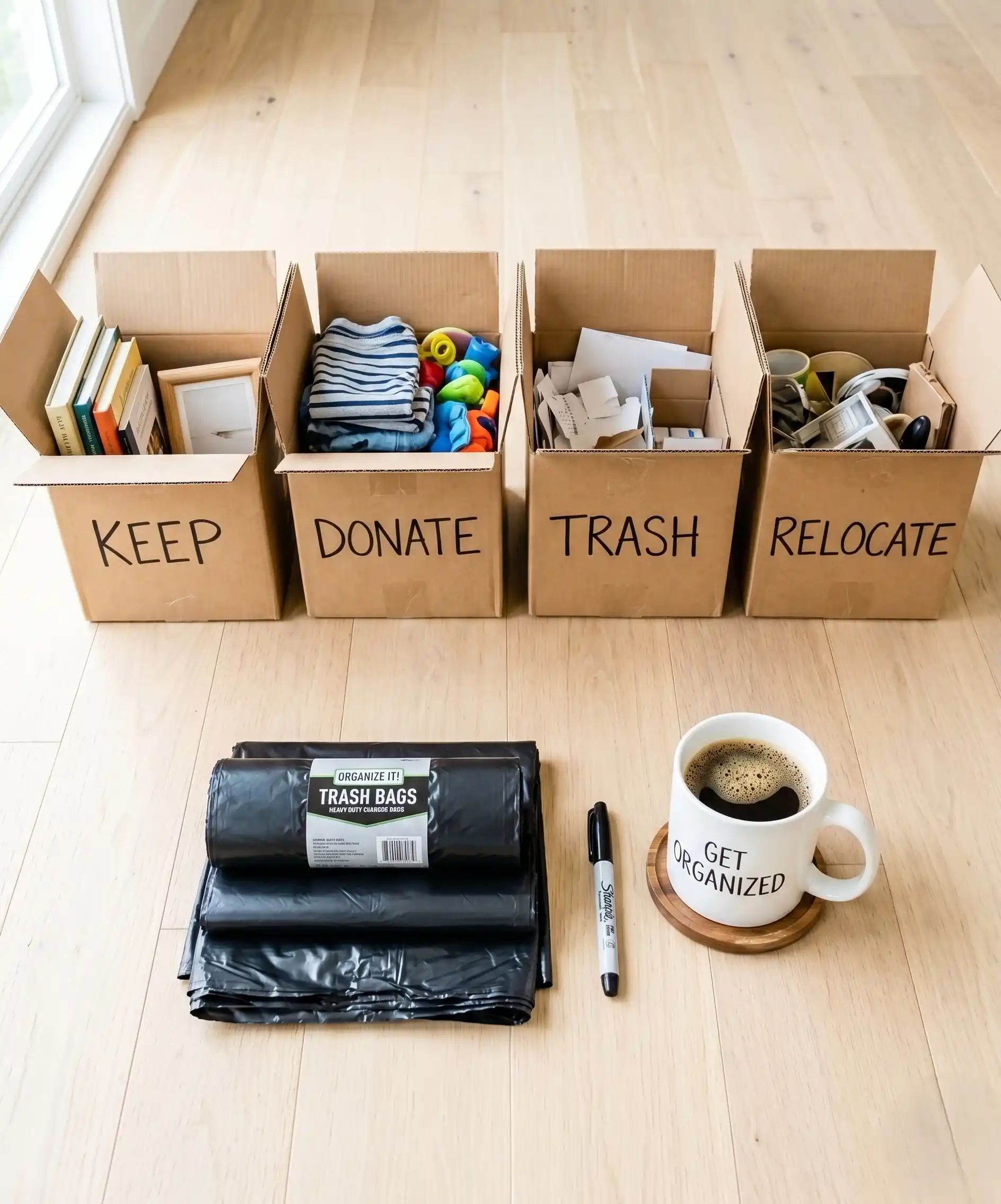 A flat-lay photo of decluttering supplies on a clean floor: four cardboard boxes labeled Keep, Donate, Trash, and Relocate, a stack of black garbage bags, a marker, and a cup of coffee — bright, organized, motivating.