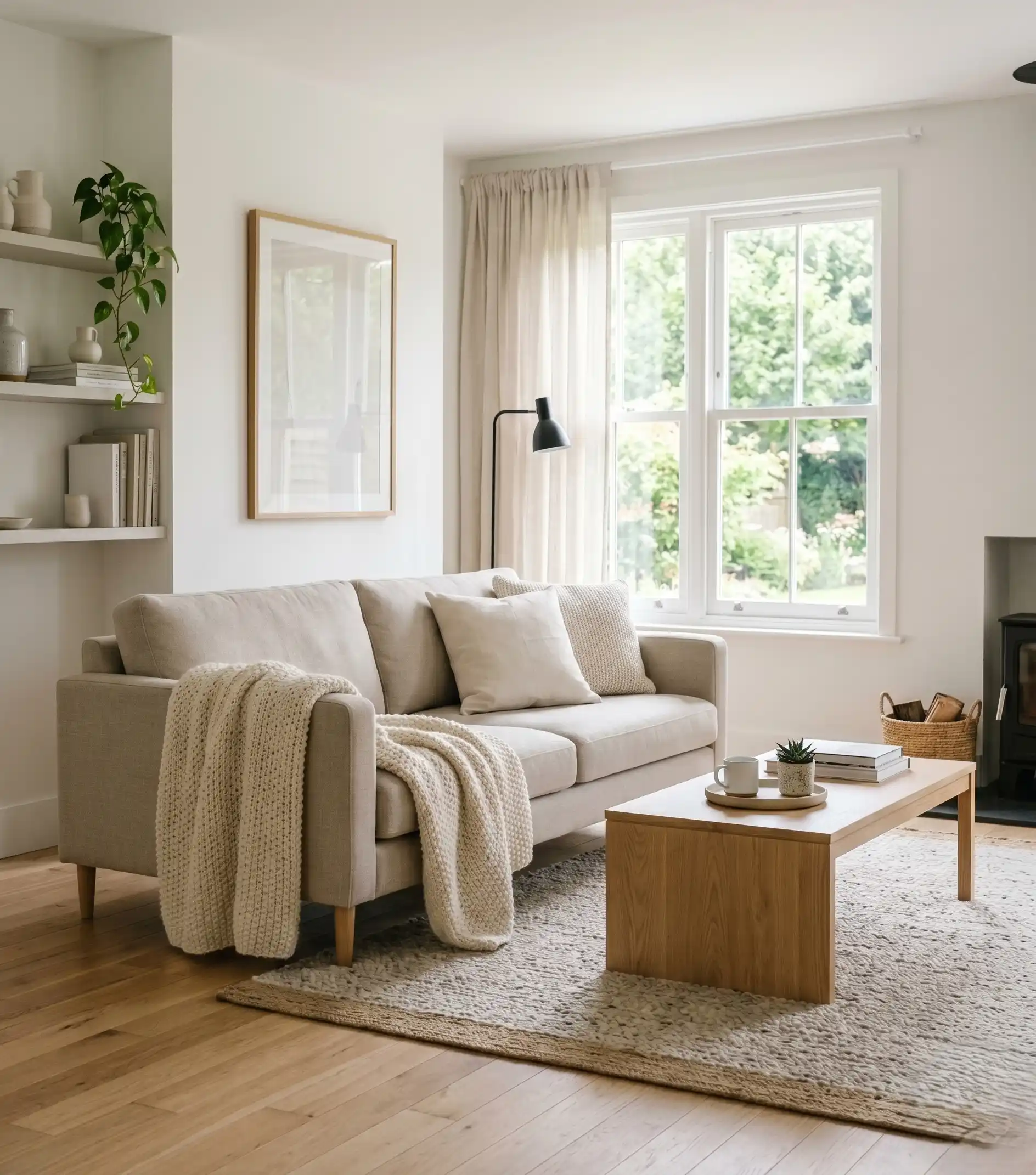 A bright, beautiful "after" photo of a calm, uncluttered living room — minimal decor, clear surfaces, a cozy couch with a throw blanket, soft natural light — the visual reward for all the hard work.