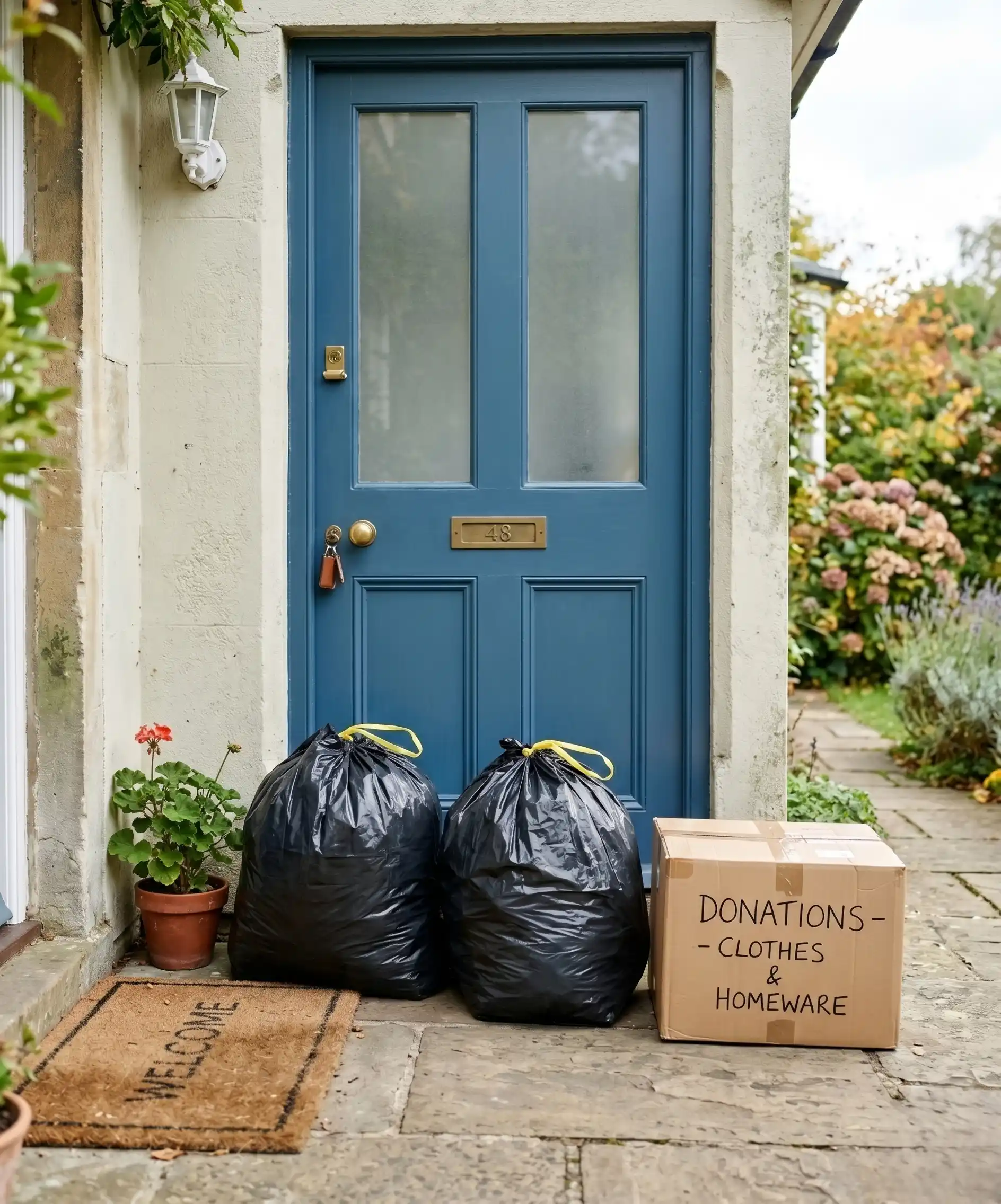A photo of two full garbage bags and a cardboard donation box sitting by a front door, ready to go — symbolizing the satisfying finality of the process. Shot with clean, natural lighting.
