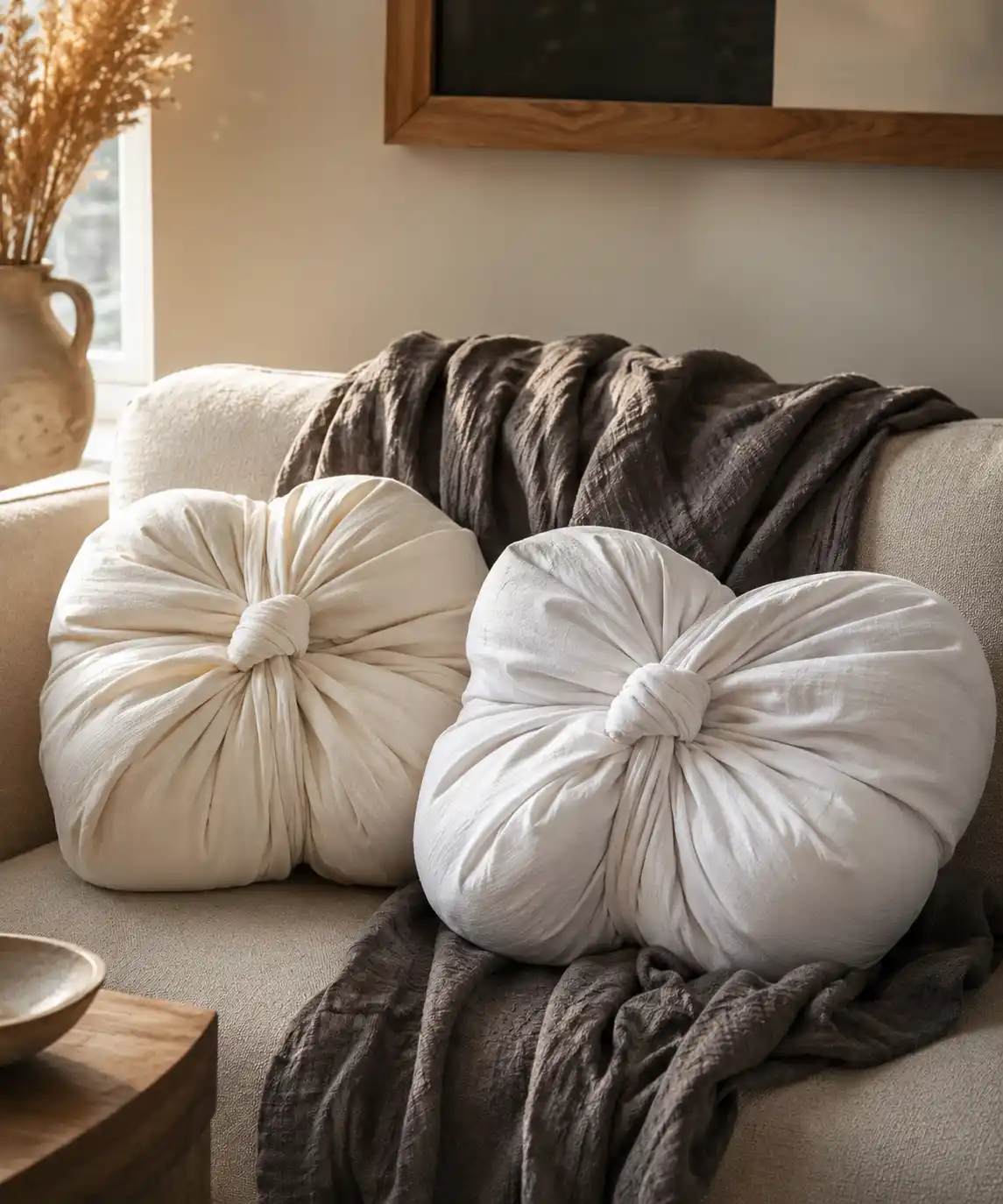 A cozy, styled couch corner with two large knotted throw pillows in cream and dusty white fabric, arranged against a dark linen throw blanket — soft natural light, warm and inviting, the kind of photo that gets saved thousands of times on Pinterest