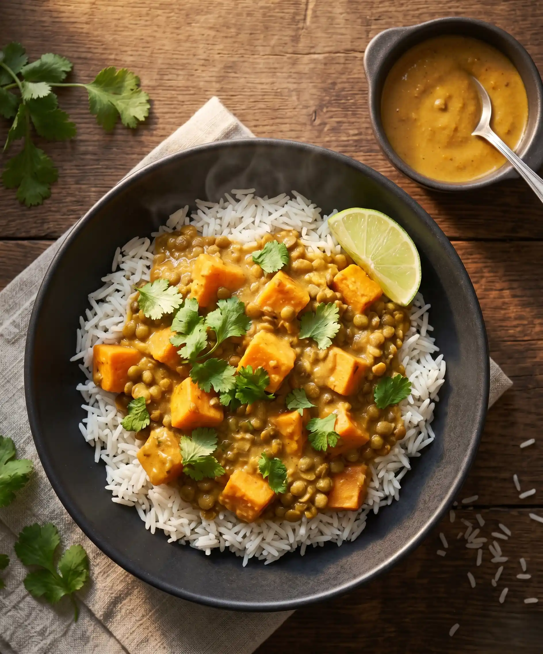 A beautiful top-down shot of lentil and sweet potato curry in a dark bowl over white rice, topped with fresh cilantro and a lime wedge, with a small bowl of extra sauce to the side — warm, rich, golden tones.