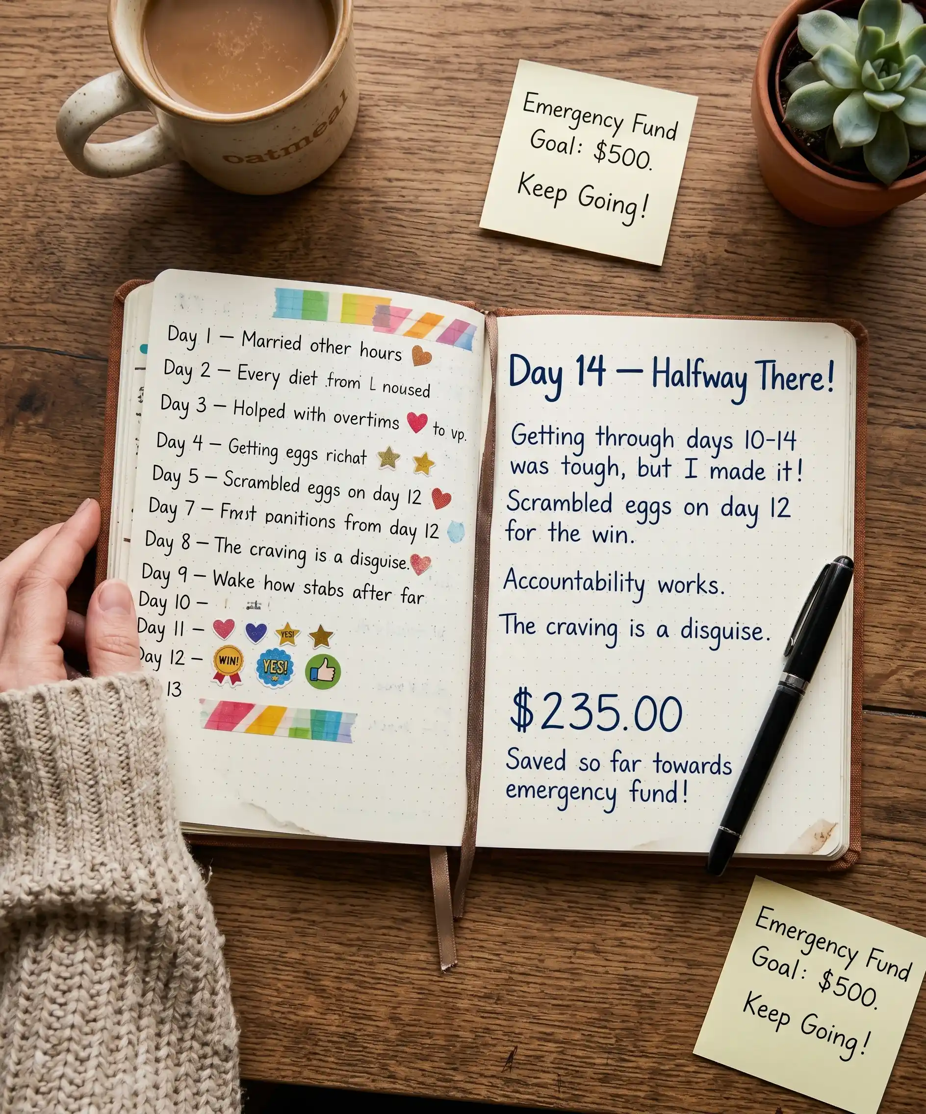 A motivating flat-lay of a no-spend journal open to a page that says "Day 14 — Halfway There!" with a dollar amount written in, a few stickers marking completed days, and a cozy sweater sleeve visible at the edge — warm, personal, encouraging.