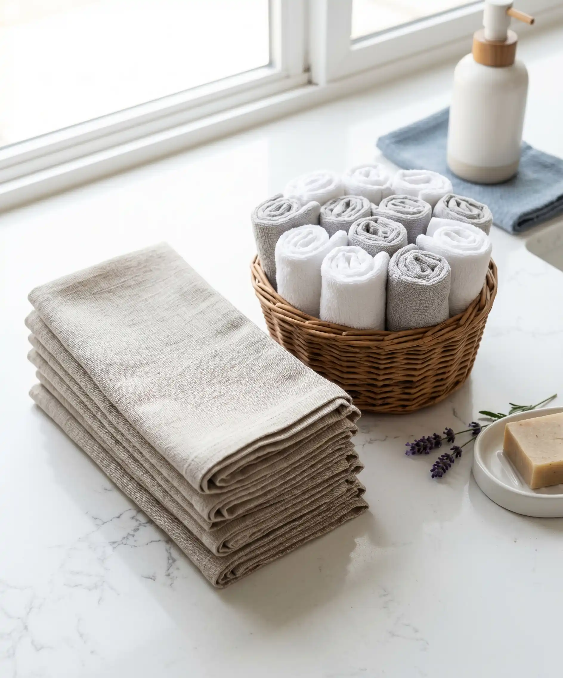 A cozy, bright flat-lay of neatly folded cloth napkins in a neutral linen color stacked next to a small basket of rolled washcloths on a clean white countertop — simple, aesthetic, and practical.