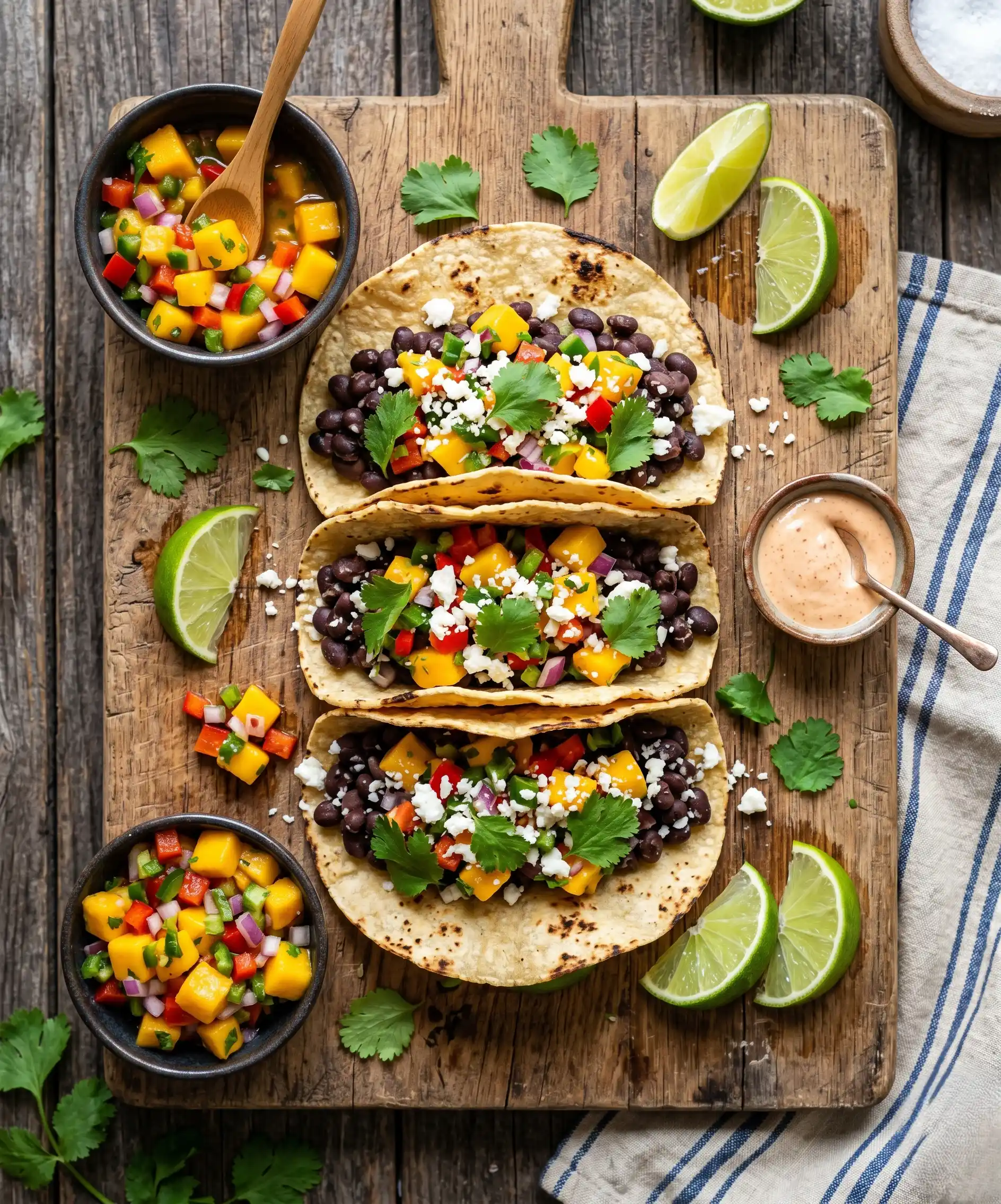 A close-up, vibrant top-down shot of three black bean tacos on a wooden board with colorful mango salsa, fresh cilantro, and lime wedges scattered around — bright, fresh, and Pinterest-worthy.