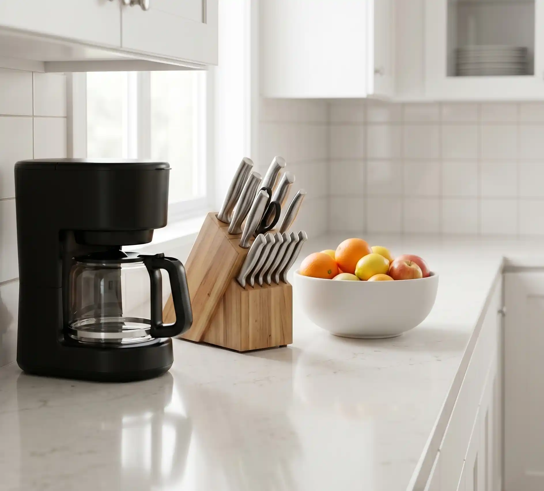 A bright, airy "after" photo of a clean minimalist kitchen counter — just a coffee maker, a cutting board, and a bowl of fresh fruit, with soft natural light and white or neutral tones.