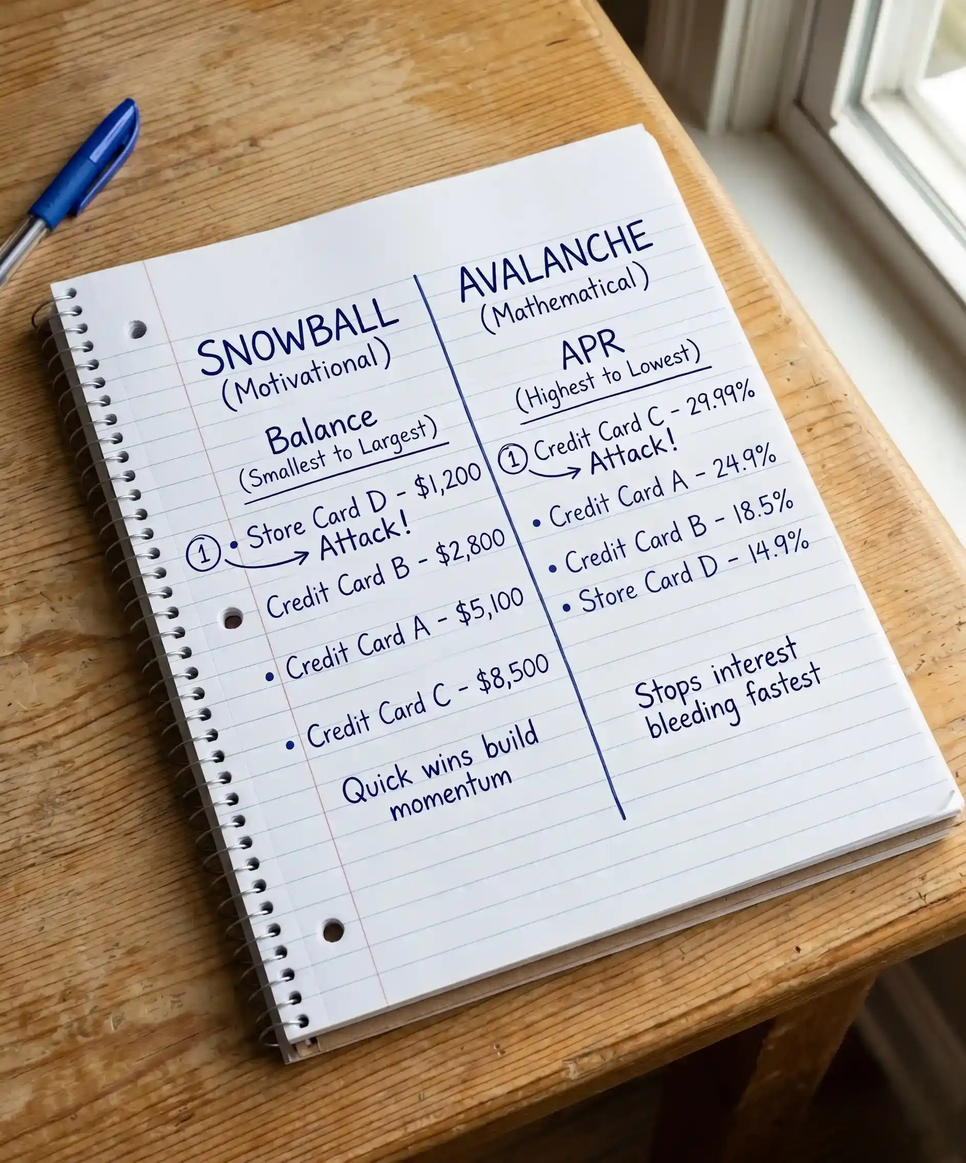 A clean, hand-drawn illustration or photo of two lists side by side on a notebook page — one labeled "Snowball" with cards listed smallest to largest balance, one labeled "Avalanche" with cards listed highest to lowest APR — simple, clear, and visually educational.