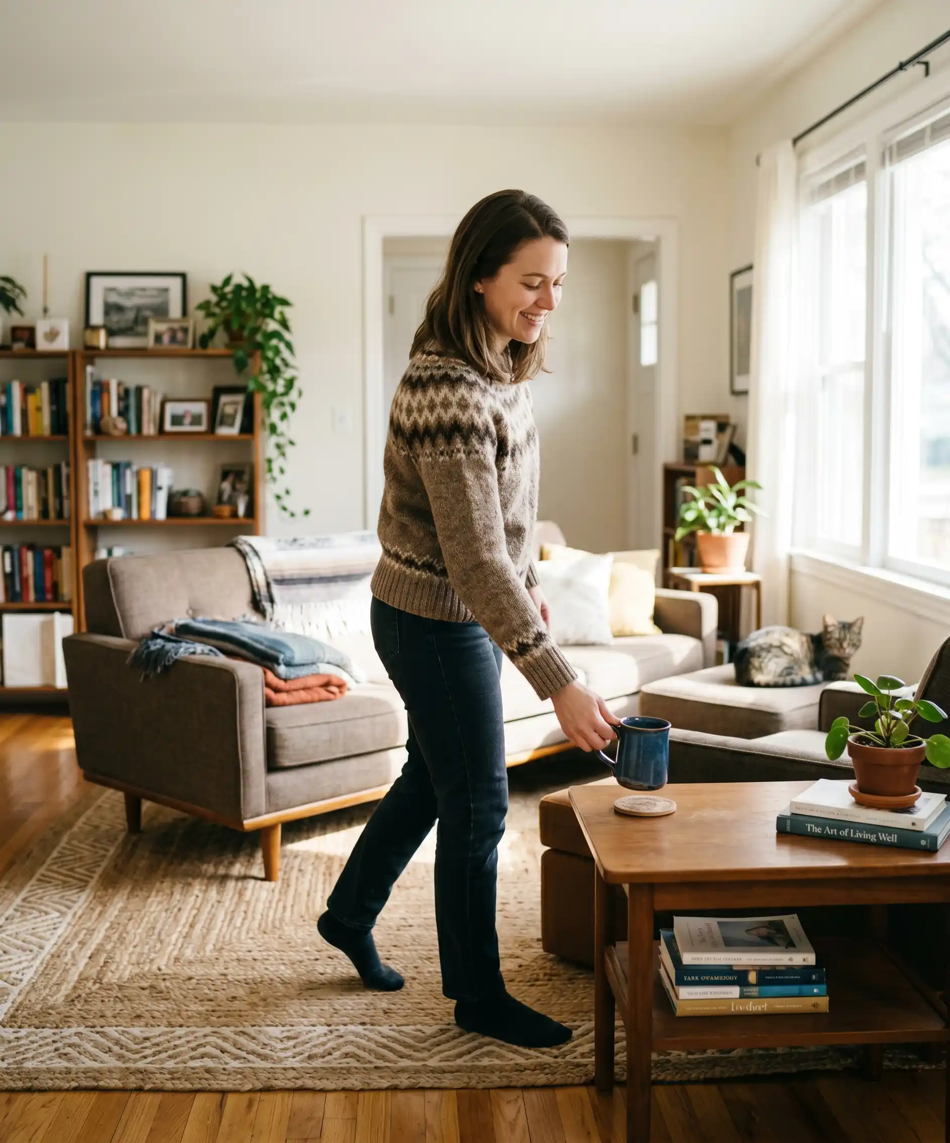 A cheerful photo of a person walking through a living room, casually picking up a coffee mug from an end table as they pass by — natural, unposed, illustrating the effortless "never leave empty-handed" habit in action.