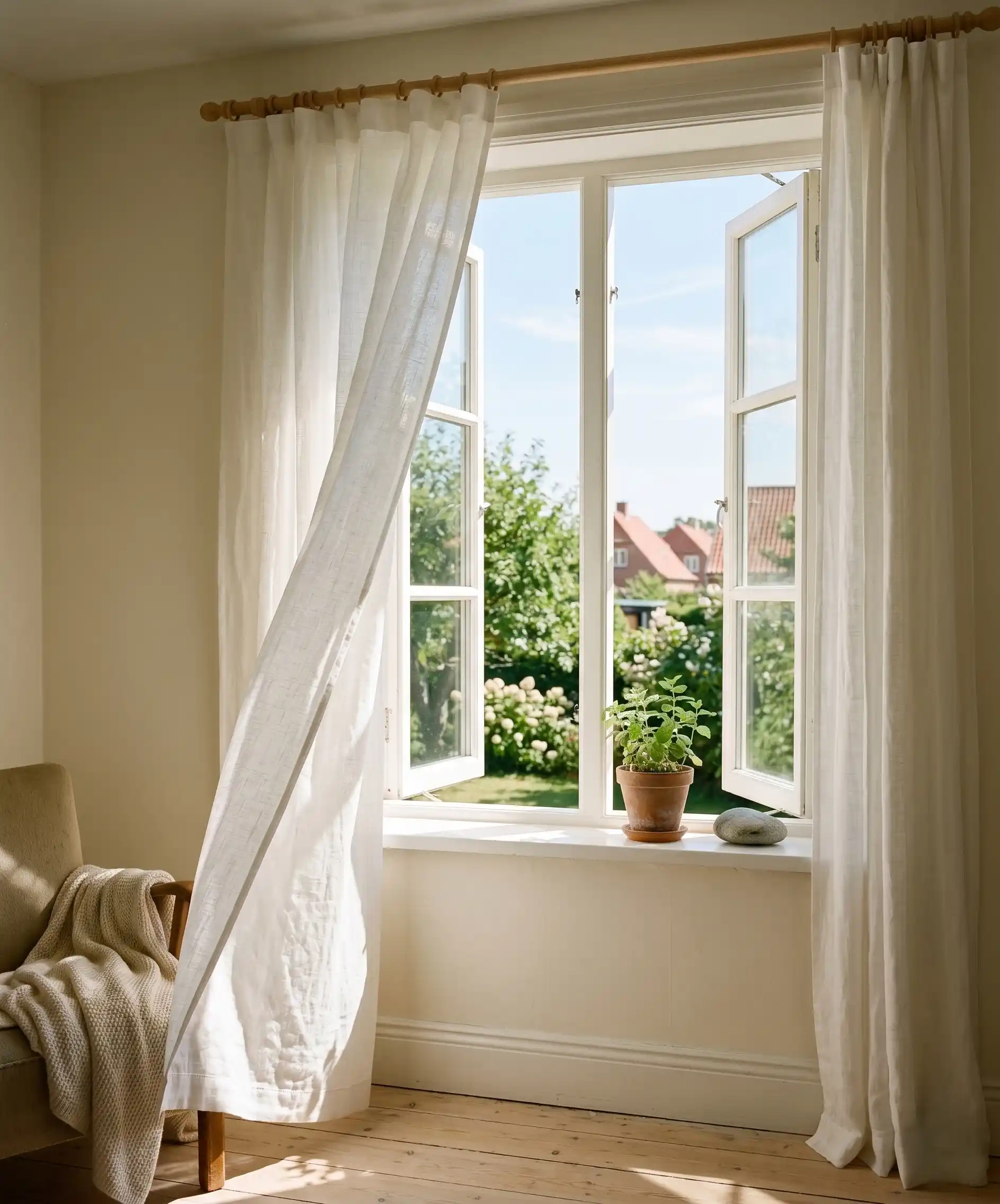 A peaceful, bright photo of white linen curtains billowing gently in an open window on a sunny day — natural light flooding into a simply furnished room — evoking fresh air, simplicity, and the feeling of a home that doesn't cost a fortune to run.