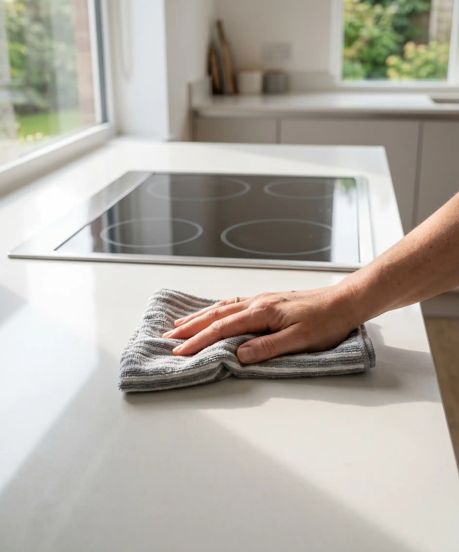 A satisfying close-up photo of a hand wiping down a clean, clear kitchen counter with a damp cloth after a meal — stovetop gleaming behind it, good natural light, no clutter in sight — the daily two-minute reset made visual.
