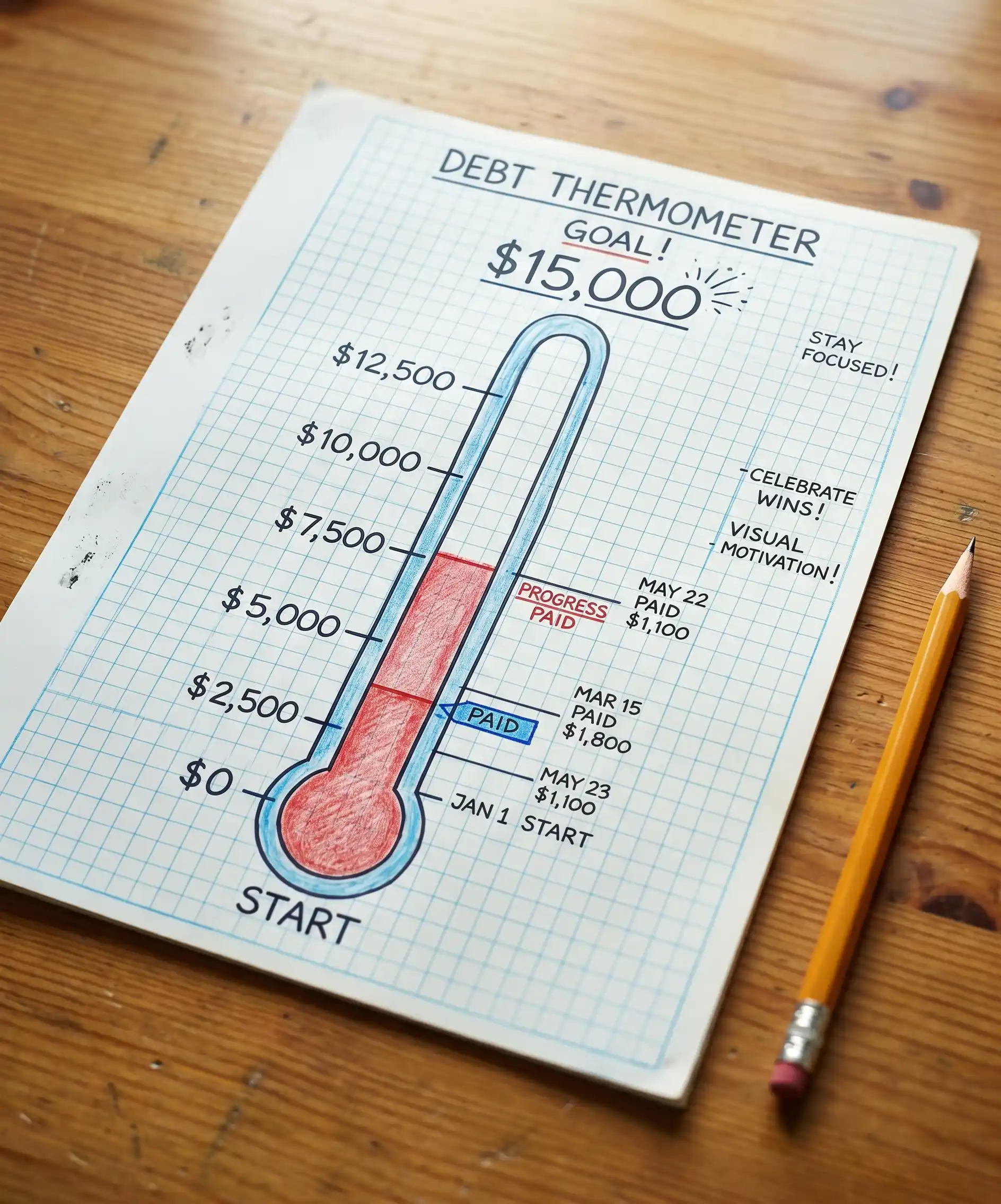 A close-up, satisfying photo of a handwritten debt payoff tracker — a colorful thermometer drawing on graph paper with a portion filled in red — sitting on a wooden desk with a pencil beside it — hopeful and visual.