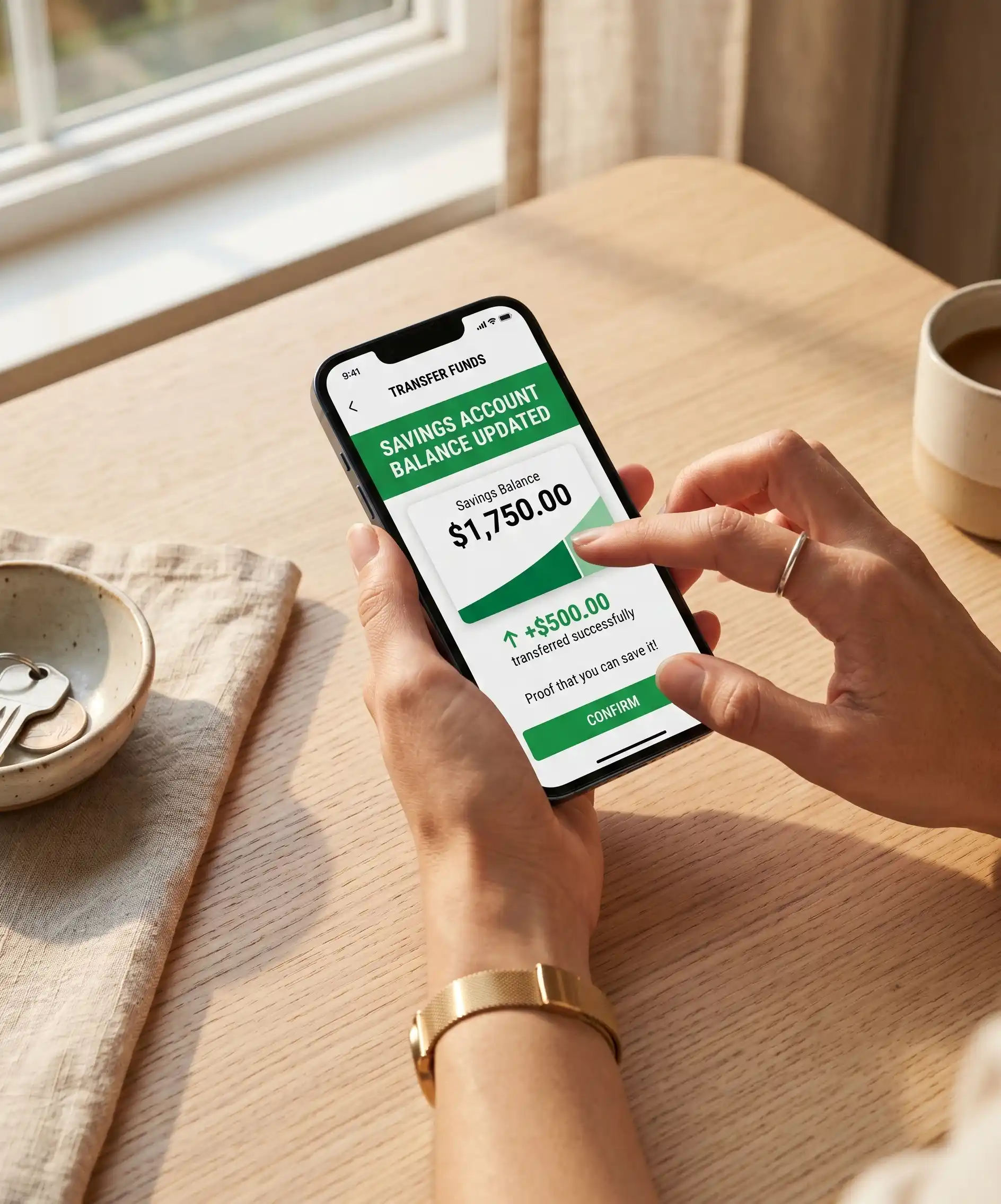 A close-up, satisfying photo of a person transferring money on a phone banking app — the screen shows a savings account balance going up — shot from above with clean, minimal styling and warm natural light.