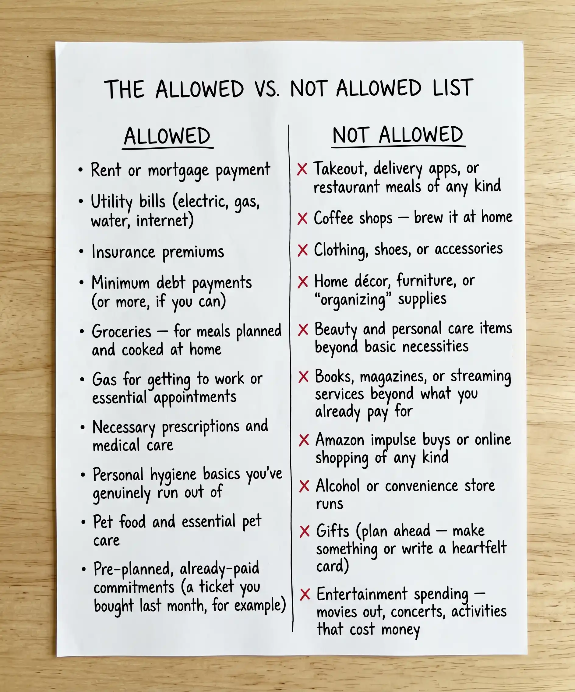 A clean, simple two-column graphic or handwritten list on white paper with "ALLOWED" on the left and "NOT ALLOWED" on the right, styled with minimal design, sitting on a light background — practical and pinnable.