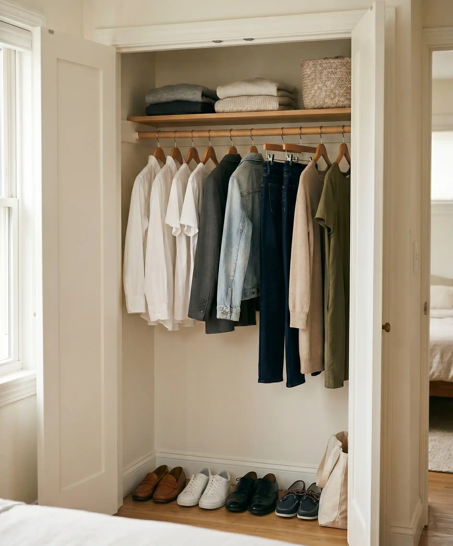 A real-looking, lived-in photo of a minimalist closet with a small number of neatly hung neutral clothes — white shirts, one or two pairs of jeans, a blazer, and a couple of simple dresses — warm lighting, organized and calm.