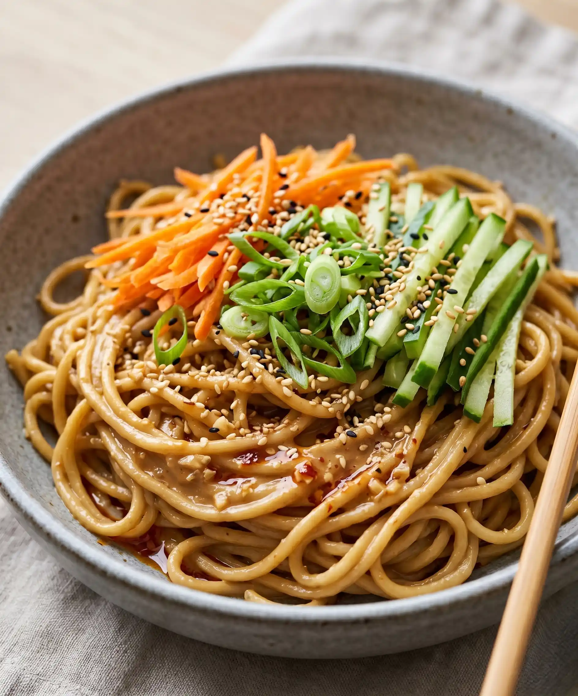 A close-up shot of a bowl of glossy peanut butter noodles topped with shredded carrots, sliced cucumbers, green onions, and sesame seeds — colorful, fresh, and vibrant against a neutral background.