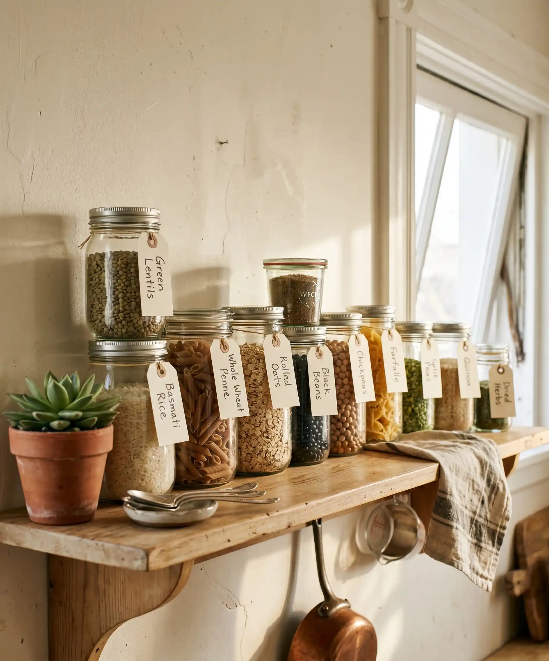 A charming, organized photo of a kitchen shelf lined with repurposed glass jars holding dry goods — lentils, rice, pasta, oats — labeled neatly with simple tags, warm natural light, giving a sense of practical, beautiful zero-waste homemaking.