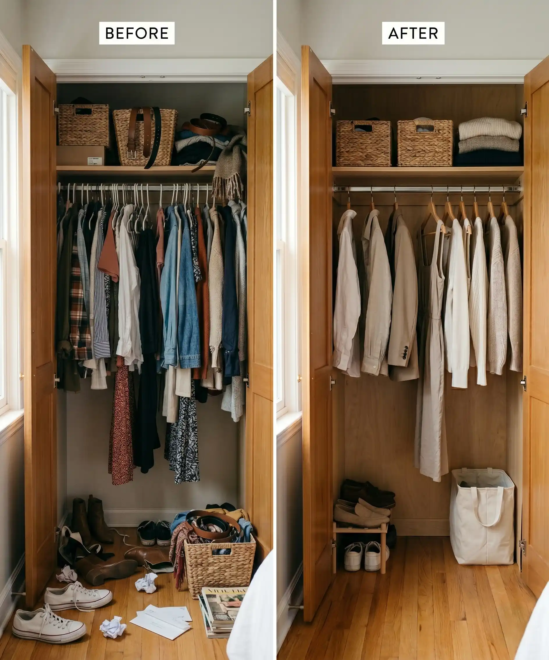 A side-by-side diptych: on the left, a messy overstuffed closet with clothes piled and falling off hangers; on the right, the same closet looking calm, organized, and minimal with just a small number of intentional pieces — the visual goal made clear.